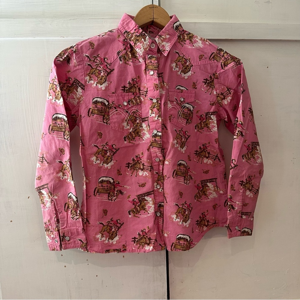 Girls Panhandle Pink Printed Button Down Pearl Snap Shirt S: XL, fits like 8/10